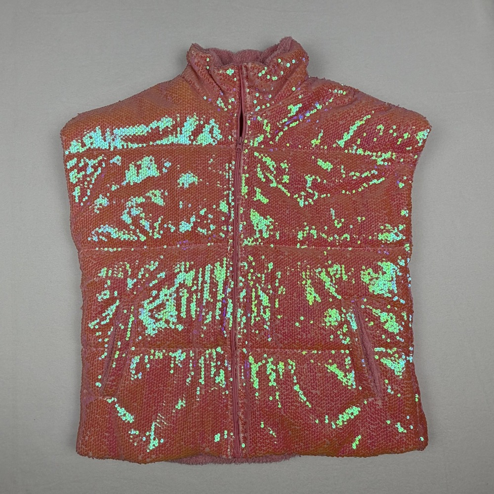 Grace + Emma Pink Iridescent Sequin Puffer Vest Sherpa Lined NWT XL